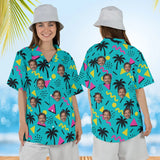 Woman wearing the 80s Memphis Ugly Hawaiian Shirt with custom faces, front and back view