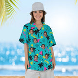 Woman wearing the 80s Memphis Ugly Hawaiian Shirt with custom faces