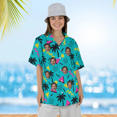 Woman wearing the 80s Memphis Ugly Hawaiian Shirt with custom faces
