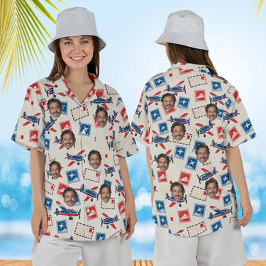 Woman wearing the Airmail Postcard Hawaiian Shirt with custom faces, front and back view
