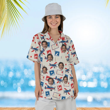 Woman wearing the Airmail Postcard Hawaiian Shirt with custom faces
