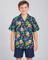 Alien Invasion Hawaiian shirt with printed faces, worn by a child