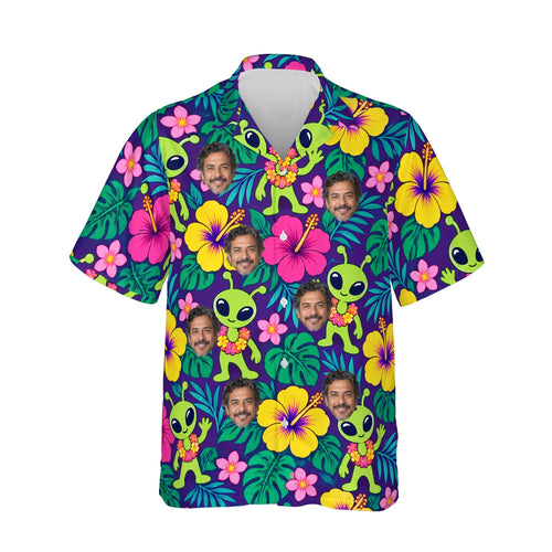 Alien Luau Sci-Fi Hawaiian Shirt personalized with printed faces, front view