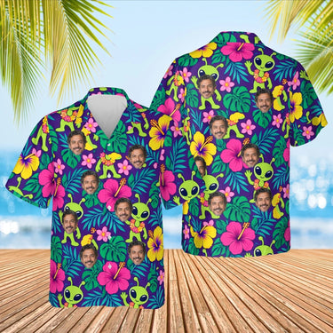 Alien Luau Sci-Fi Hawaiian Shirt with custom faces, front and back