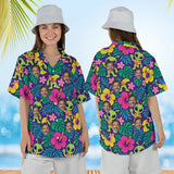 Woman wearing the Alien Luau Sci-Fi Hawaiian Shirt with custom faces, front and back view