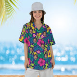 Woman wearing the Alien Luau Sci-Fi Hawaiian Shirt with custom faces