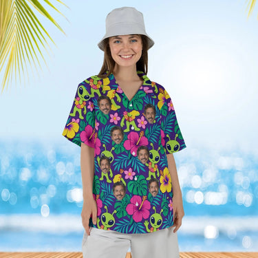 Woman wearing the Alien Luau Sci-Fi Hawaiian Shirt with custom faces