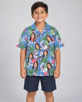 Aloha Bloom Hawaiian shirt with printed faces, worn by a child