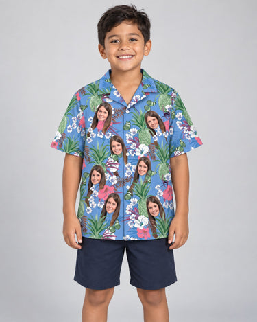 Aloha Bloom Hawaiian shirt with printed faces, worn by a child