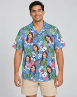 Aloha Bloom Hawaiian shirt with printed faces, worn by a man