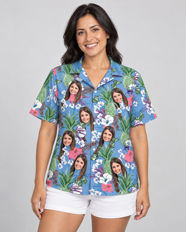 Aloha Bloom Hawaiian shirt with printed faces, worn by a woman