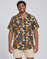Aloha Brews Hawaiian shirt with printed faces, worn by a man