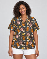 Aloha Brews Hawaiian shirt with printed faces, worn by a woman