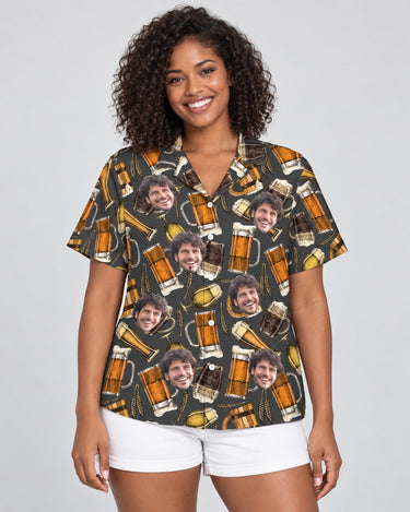 Aloha Brews Hawaiian shirt with printed faces, worn by a woman