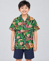 Aloha Vibes Hawaiian shirt with printed faces, worn by a child
