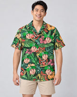 Aloha Vibes Hawaiian shirt with printed faces, worn by a man