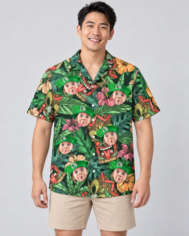 Aloha Vibes Hawaiian shirt with printed faces, worn by a man