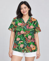 Aloha Vibes Hawaiian shirt with printed faces, worn by a woman
