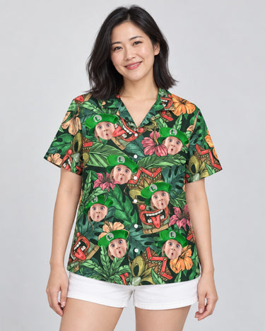 Aloha Vibes Hawaiian shirt with printed faces, worn by a woman