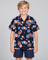 American Pride USA Hawaiian shirt with printed faces, worn by a child