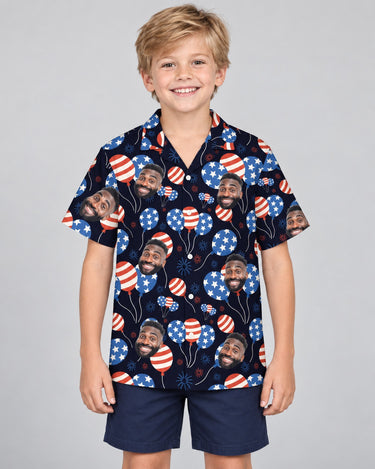 American Pride USA Hawaiian shirt with printed faces, worn by a child