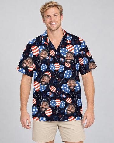 American Pride USA Hawaiian shirt with printed faces, worn by a man
