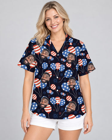 American Pride USA Hawaiian shirt with printed faces, worn by a woman