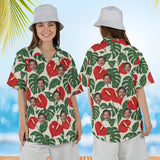 Woman wearing the Anthurium Monstera Aloha Shirt with custom faces, front and back view