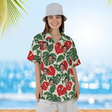 Woman wearing the Anthurium Monstera Aloha Shirt with custom faces