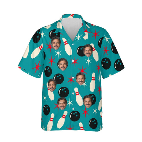 Atomic Pins Hawaiian Bowling Shirt personalized with printed faces, front view
