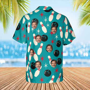 Atomic Pins Hawaiian Bowling Shirt with custom faces, back view