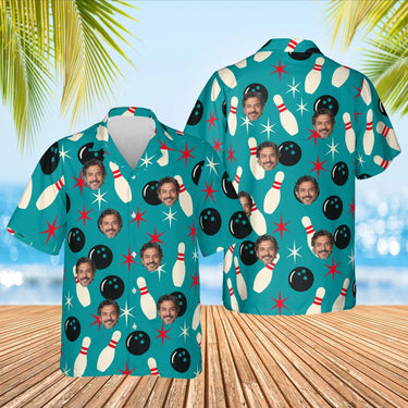 Atomic Pins Hawaiian Bowling Shirt with custom faces, front and back