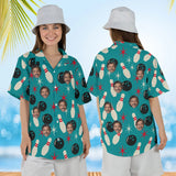 Woman wearing the Atomic Pins Hawaiian Bowling Shirt with custom faces, front and back view