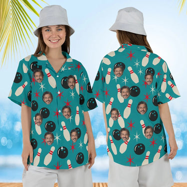 Woman wearing the Atomic Pins Hawaiian Bowling Shirt with custom faces, front and back view
