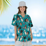 Woman wearing the Atomic Pins Hawaiian Bowling Shirt with custom faces