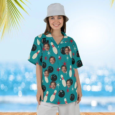 Woman wearing the Atomic Pins Hawaiian Bowling Shirt with custom faces