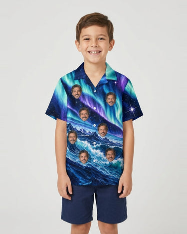 Aurora Waves Christmas Hawaiian Shirt with printed faces, worn by a child
