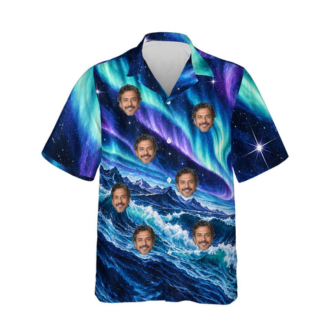 Aurora Waves personalized Christmas Hawaiian shirt printed with customer faces, front view