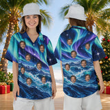 Aurora Waves personalized Christmas Hawaiian shirt with faces worn by a woman, front and back