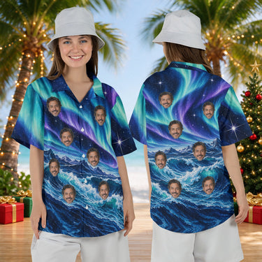 Aurora Waves personalized Christmas Hawaiian shirt with faces worn by a woman, front and back