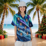 Aurora Waves Christmas Hawaiian shirt with printed faces worn by a woman, front view