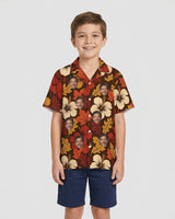 Autumn Leaves Hibiscus Thanksgiving Hawaiian Shirt with printed faces, worn by a child