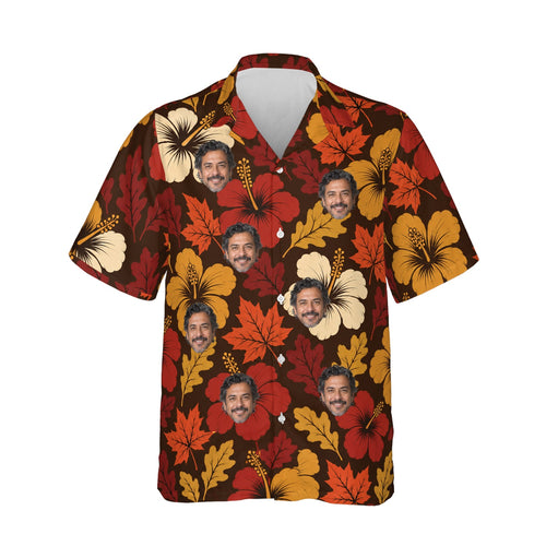 Autumn Leaves Hibiscus Thanksgiving Hawaiian Shirt personalized with printed faces, front view