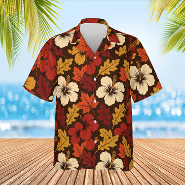 Autumn Leaves Hibiscus Thanksgiving Hawaiian Shirt print before personalizing, front view