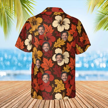 Autumn Leaves Hibiscus Thanksgiving Hawaiian Shirt with custom faces, back view
