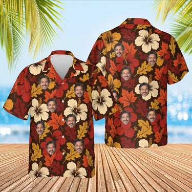 Autumn Leaves Hibiscus Thanksgiving Hawaiian Shirt with custom faces, front and back