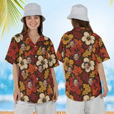 Woman wearing the Autumn Leaves Hibiscus Thanksgiving Hawaiian Shirt with custom faces, front and back view