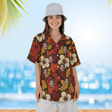 Woman wearing the Autumn Leaves Hibiscus Thanksgiving Hawaiian Shirt with custom faces