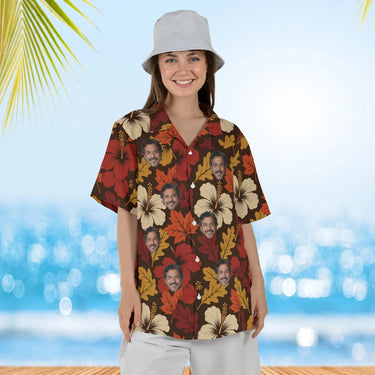 Woman wearing the Autumn Leaves Hibiscus Thanksgiving Hawaiian Shirt with custom faces