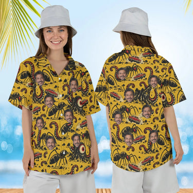 Woman wearing the B-Movie Monster Kaiju Hawaiian Shirt with custom faces, front and back view